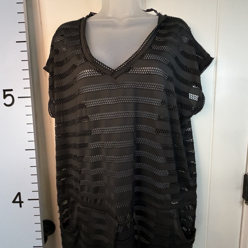 Calvin Klein Tunic Swim Cover Up Womens L Black Open Knit V-Neck Beach Pool Vaca - Picture 2 of 11